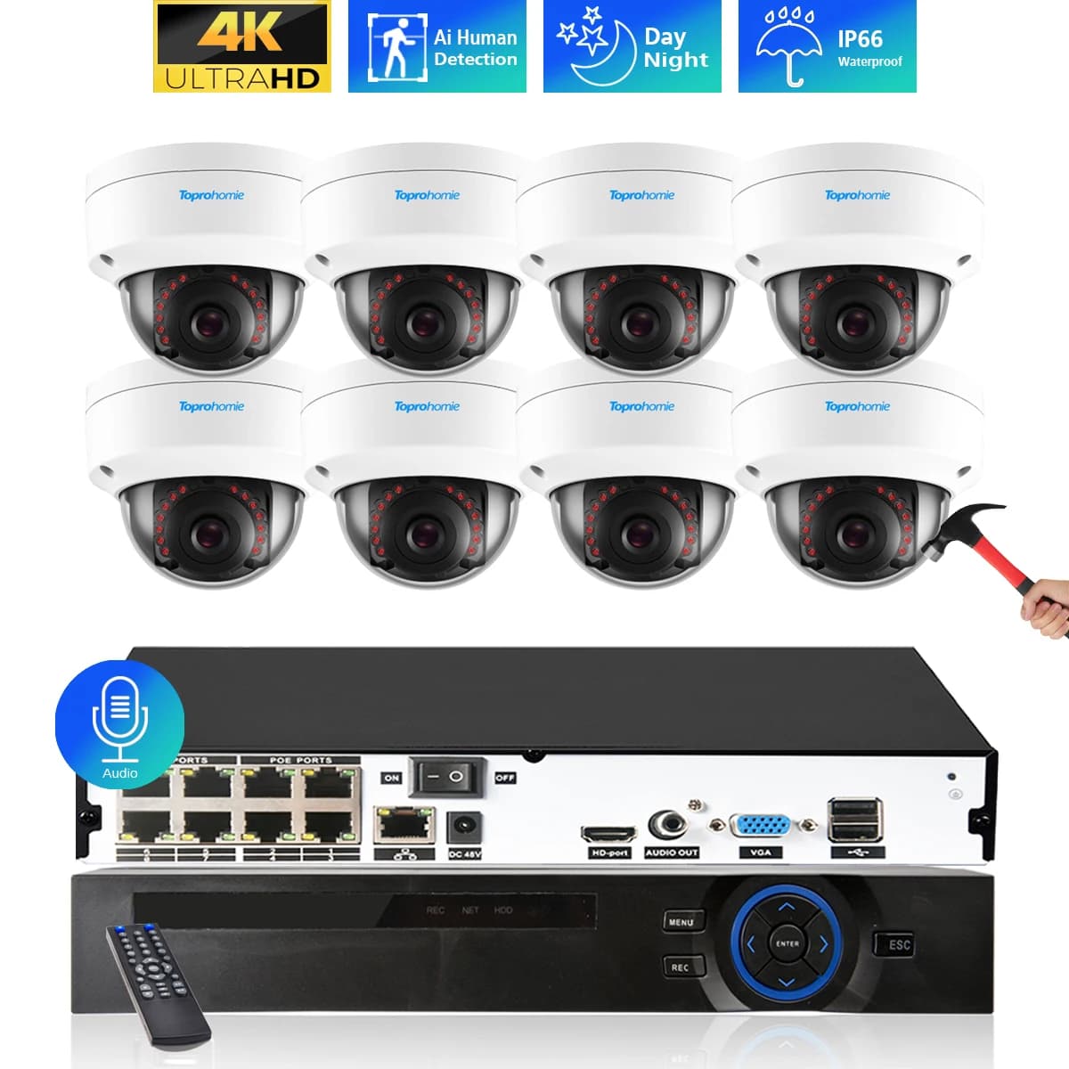 Kit NVR 8CH 4K CCTV Security Camera System H.265 with 8 MP Audio POE IP Cameras with 5 MP Antivandalo Dome Set Video surveillance