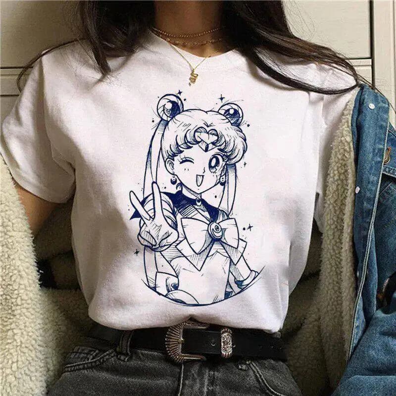 T-shirt Streetwear Sailor Moon da Donna, Maglietta Casual a Girocollo a Maniche Corte, Top alla Moda con Grafica Anime
