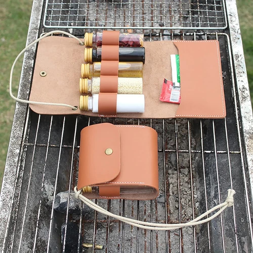 Set di bottiglie di spezie da campeggio all'aperto Borsa portatile in pelle impermeabile da campeggio Escursionismo Picnic BBQ Barbecue Borsa per bottiglie di condimento