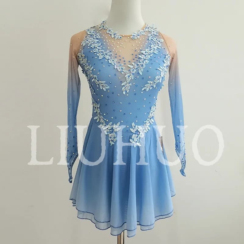 LIUHUO Pattinaggio di Figura sul Ghiaccio Vestito Ragazze Donne Adolescenti Elastico Spandex Azzurro Concorrenza All'ingrosso BD1655