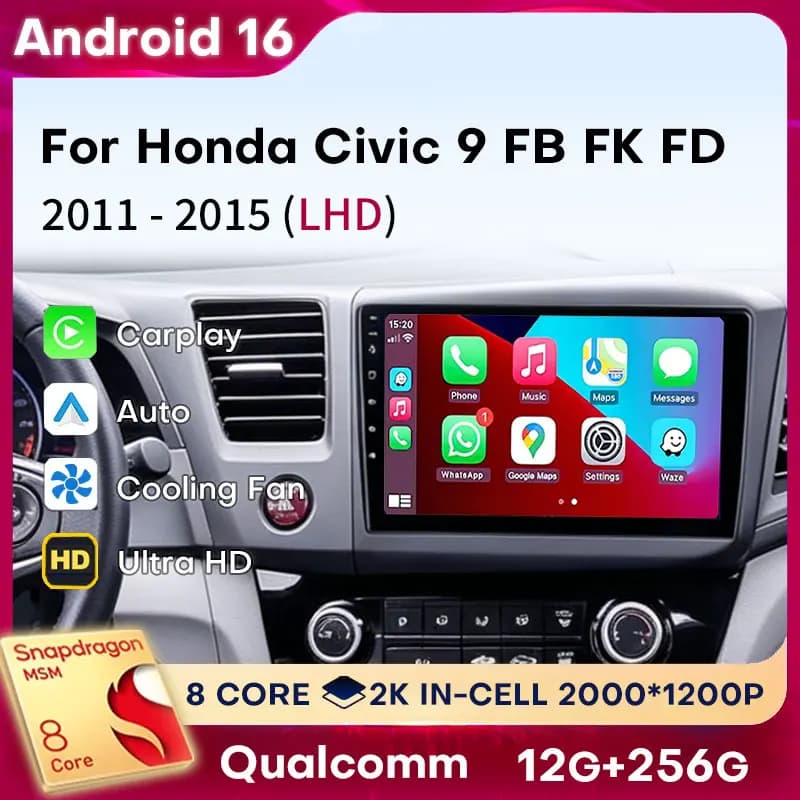 Autoradio Android 16 con Carplay per Honda Civic 9 FB FK FD 2011-2015 (LHD) - Stereo, Telecamera 360, Bluetooth, 5G, WiFi, DSP, GPS