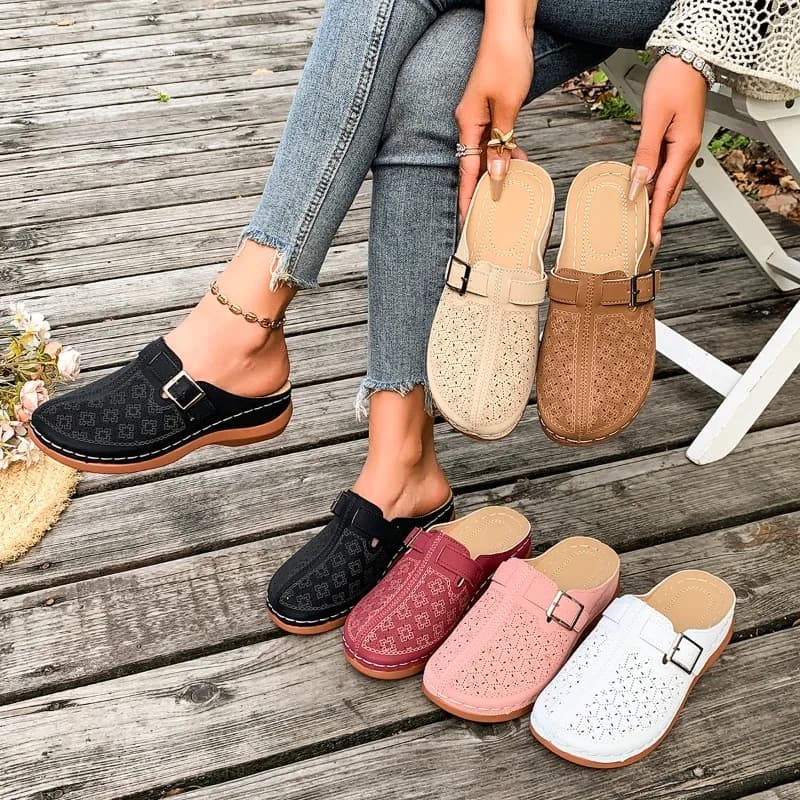 Women Perforated Floral Mules Single Buckle Wedge Slip on Backless Sandals Breathable Anti Slip Outdoor Walking Daily Big Sizes