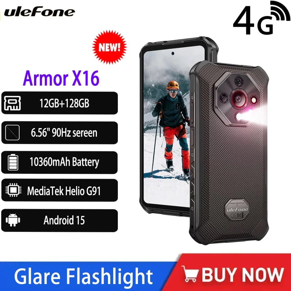 Ulefone Armor X16 4G Robusto 10360mAh Fino a 12GB 128 GB 120Hz 6.56 "NFC Android 15 Smartphone Telecamera notturna Abbagliamento Torcia elettrica Telefono
