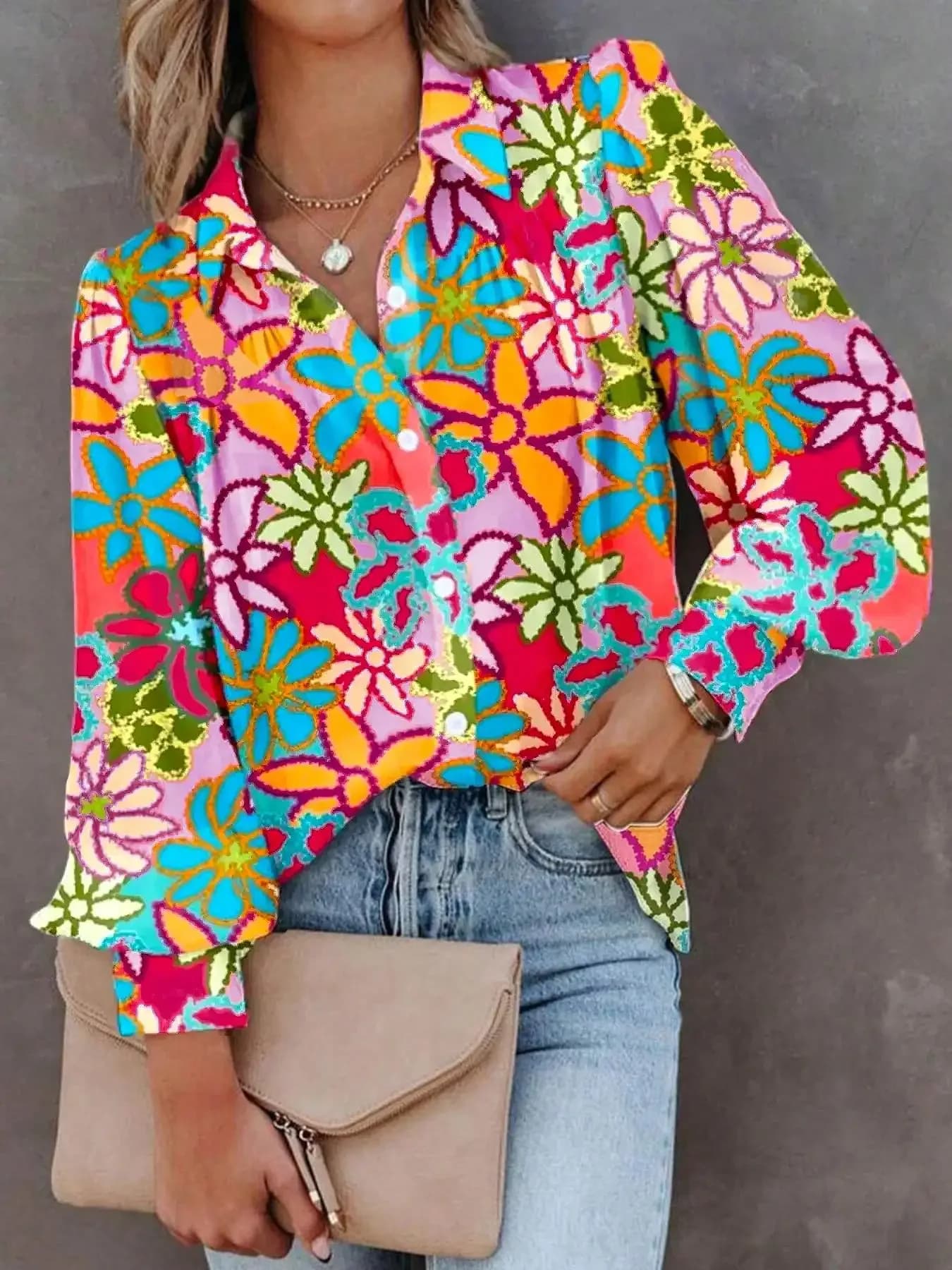 Camicia da donna moda taglie forti 1XL-5XL camicia da donna con stampa floreale con risvolto camicia da donna casual elegante camicetta a maniche lunghe