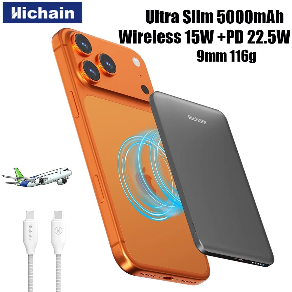 Hichain Ultra Thin Wireless 15W Magnetic Power Bank PD22.5W Wired Charging Portable Power Bank For iphone For Samsung ForHuawei