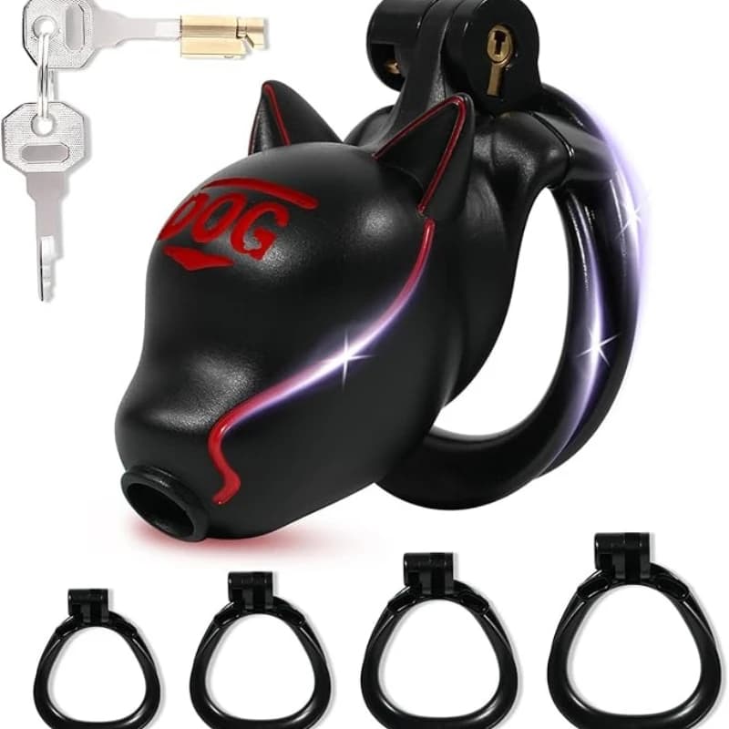 Dog head-shaped chastity cage, male chastity device, penis cage with 4 rings of different widths, light penis cage in resin, sexual toys for man