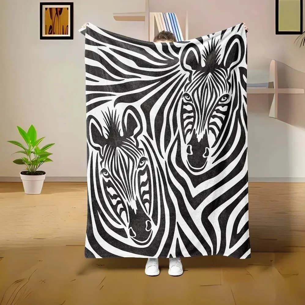 Black White Zebra Head Print Throw Blanket, Wild Animal Stripe Pattern Soft Lightweight Flannel Cozy Blanket, Warm Decor Blanket
