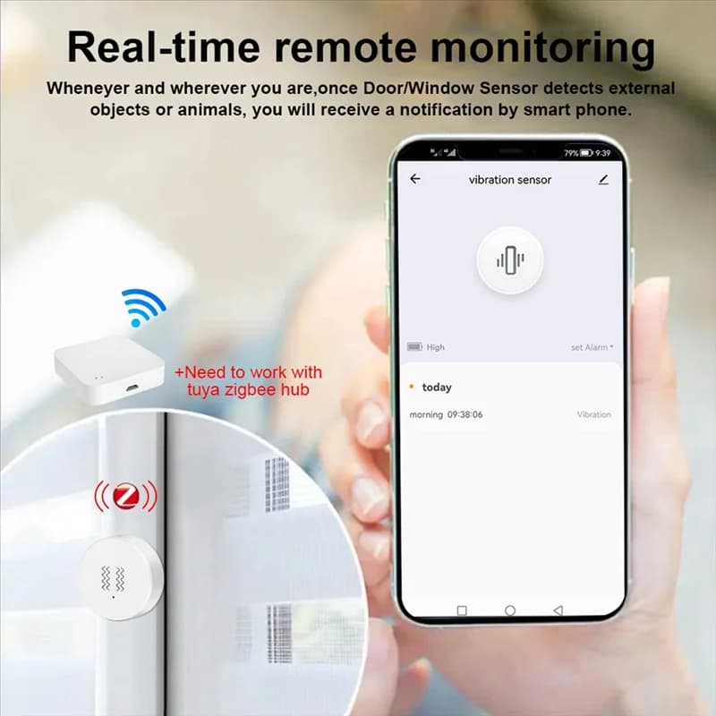 M11tuya Zigbee Sensore di vibrazione intelligente Monitoraggio in tempo reale Allarme rilevamento porte e finestre Sensore di protezione di sicurezza intelligente