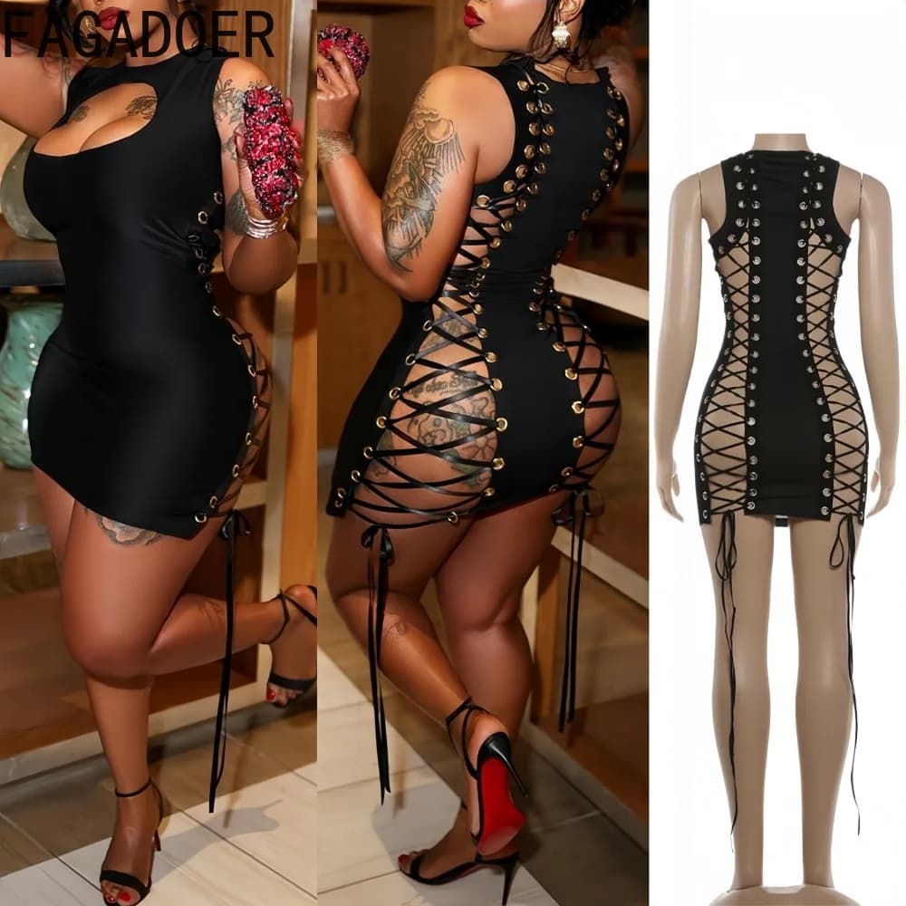 FAGADOER Tuta Sexy Aderente con Patchwork e Bende, Monocolore, Senza Maniche, con Schiena Scoperta, per Donna, Stile Streetwear, Nuova