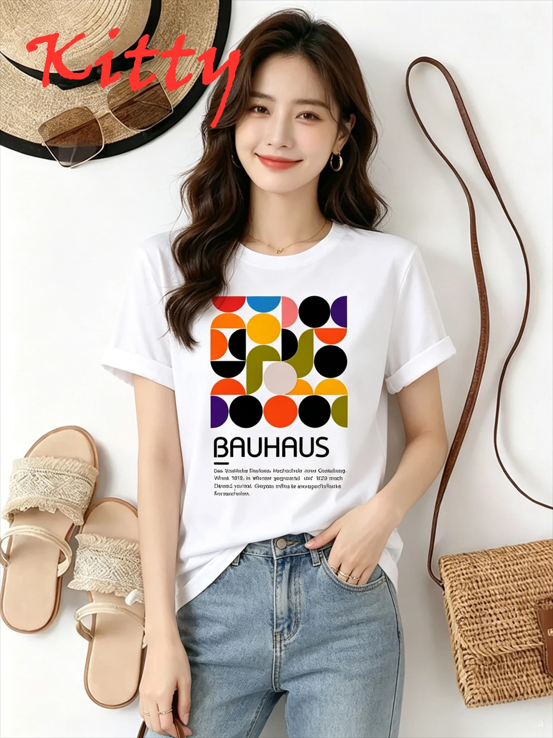 T-shirt da donna con motivo a cartoni animati, girocollo, maniche corte, stampa alla moda, top a mezza manica, t-shirt elasticizzata, abbigliamento casual da donna