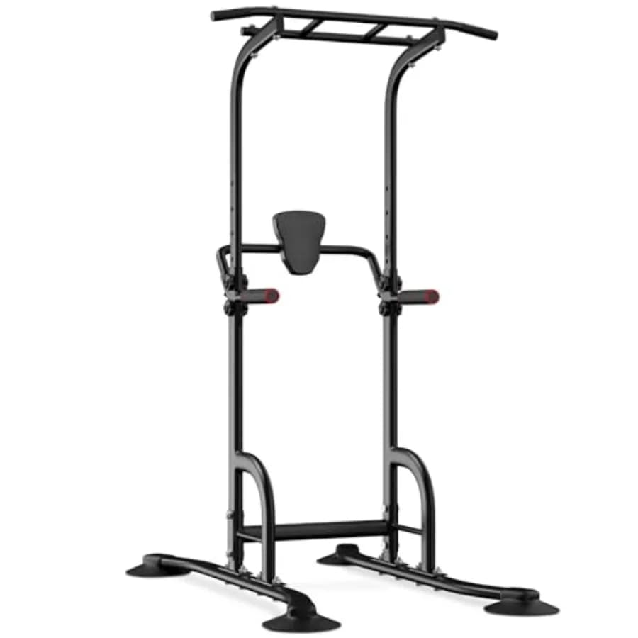 Power Tower for home gym strength training: steel frame, black finish, foldable design with multi-grip pull-up bar and dip stat