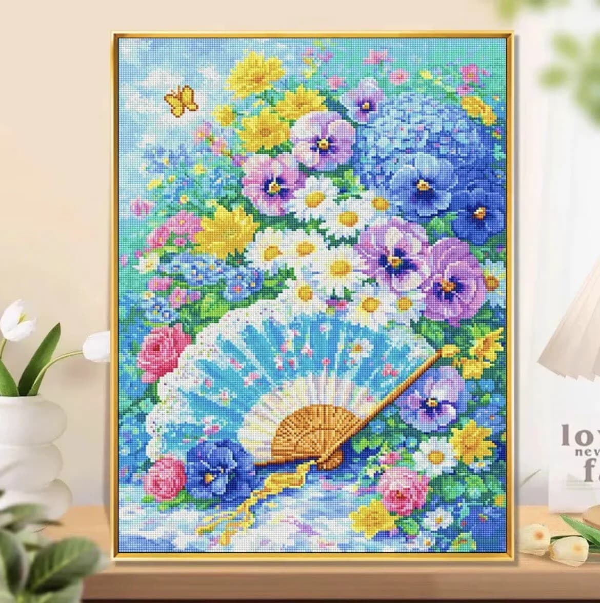 9CT 14ct 38x50cm Fan Flowers Printed Kits Cross Stitch Embroidery DIY Needlework Set Home Decor Crafts With Needles Threads