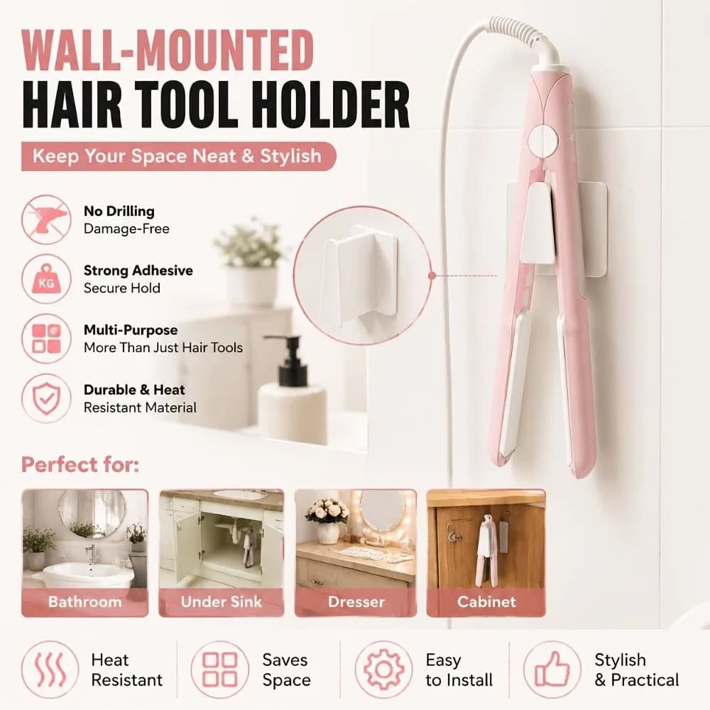 5Pcs 3D Printed Hair Straightener Stand No-Drill Wall-Mounted Hair Styling Tool Storage Rack Space-Saving Compact Wall Hook