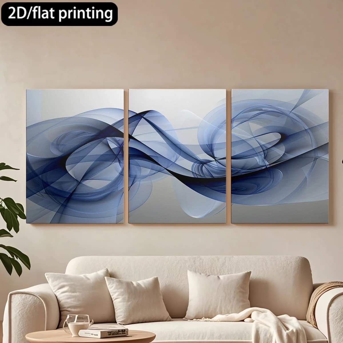 Decorative painting on canvas with wooden frame, 3 pieces. Abstract blue spiral motifs, modern. Tende per camera da letto ikea.