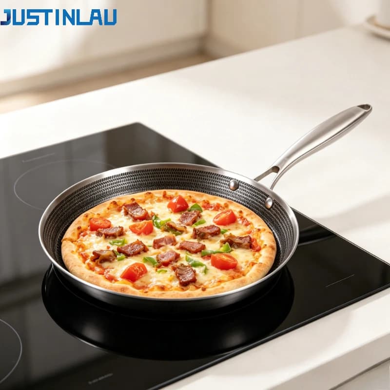 JUSTINLAU Non-stick Pizza Pans 304 Stainless Steel Honeycomb Frying Pan Anti-scald Handle Kitchen Multi-functional Pancake Pan