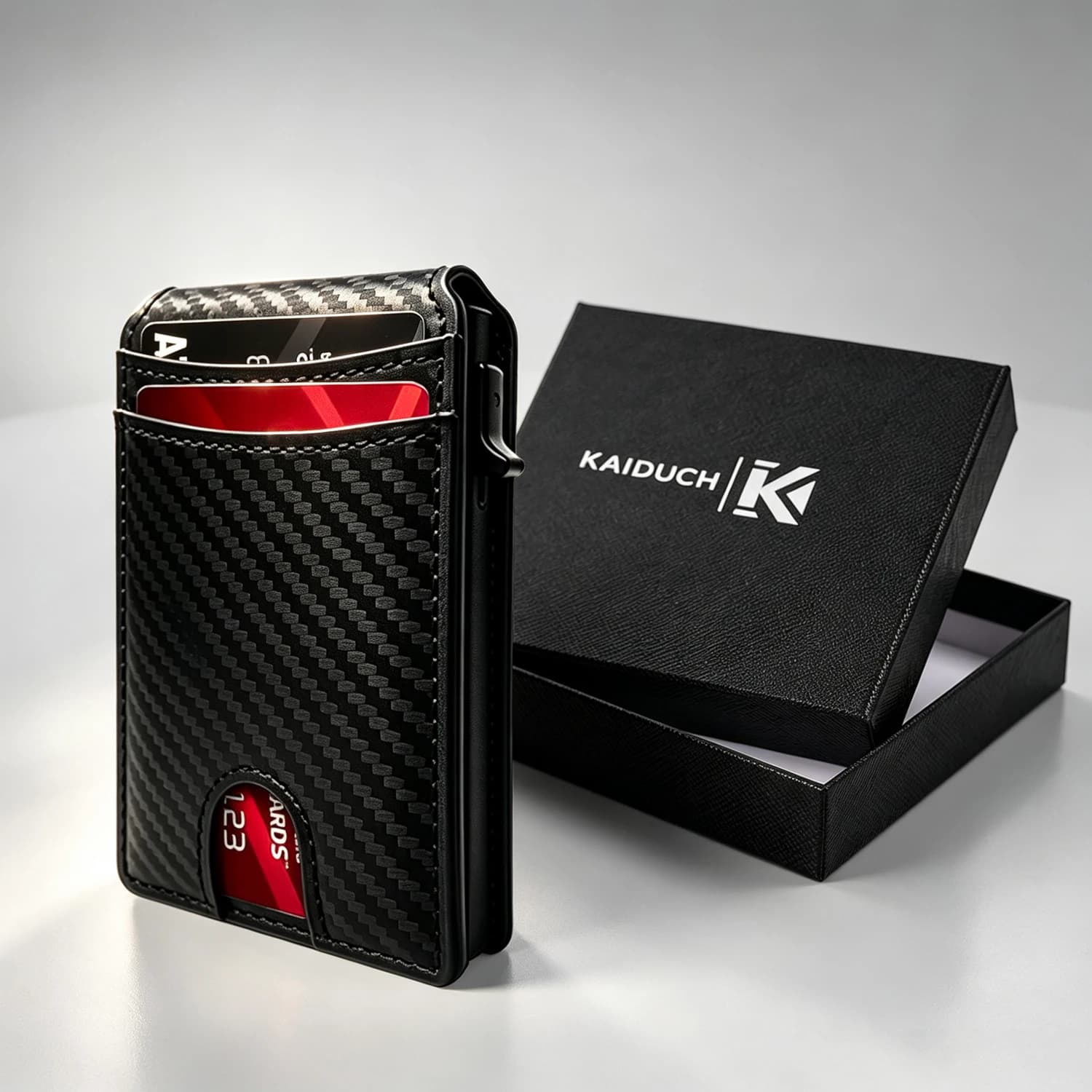 Men's RFID Blocking Slim Wallet, Carbon Fiber Texture PU Leather Pop Up Card Holder, Credit Card Wallet with Gift Box