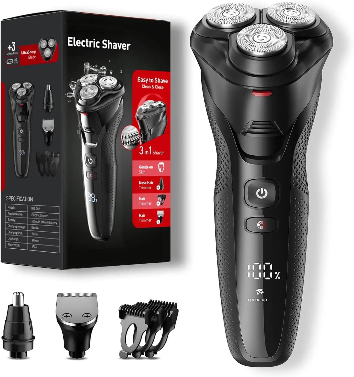 Rasoio elettrico impermeabile 3 in 1 per uomo: regolabarba di precisione per barba, naso e baffi - Kit da viaggio portatile