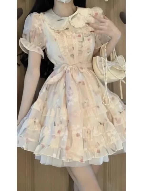 Sweet Floral Doll Collar Short Dress Women's Summer Fairy Puffy Skirt Waist Cinching Slimming A-Line Dress Princess Style