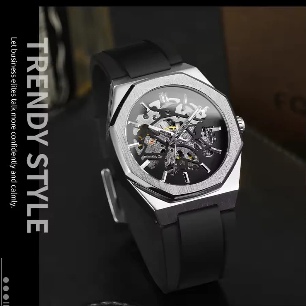 Orologio da Uomo Meccanico Scheletrato Ottagonale di Lusso in Acciaio Inossidabile con Movimento Automatico e Cinturino in Silicone