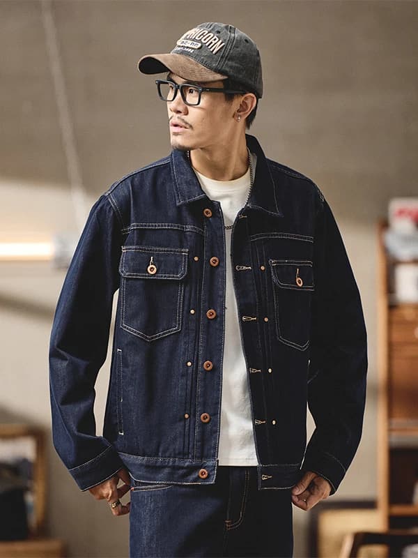 American High-End Original Color Stitched Line Denim Jacket Men's Loose Collar Workwear Jacket Non-Fading Trendy