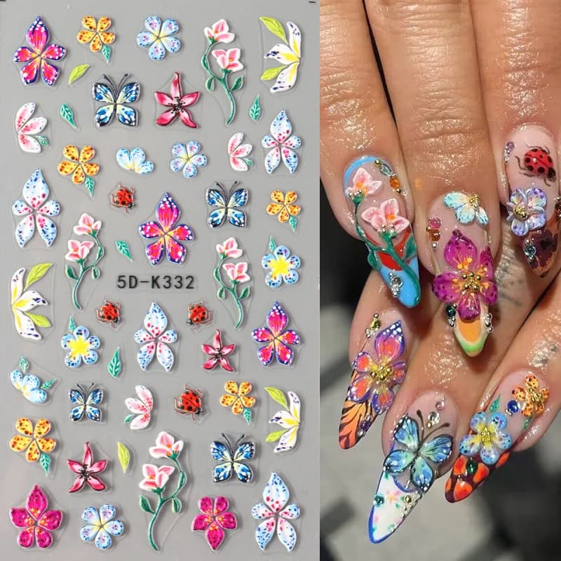 5D fiore in rilievo farfalla adesivi per unghie petali floreali colorati Design decalcomanie per Nail Art acrilico autoadesivo Slider Decor