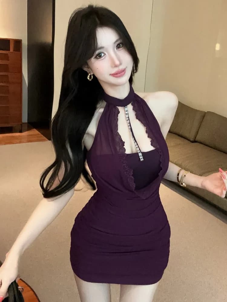 Elegant Hepburn Style Hollow out Neckline Dress Slimming High Waist Short Skirt Korean Version Lace Splice Summer Dress