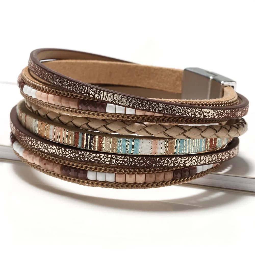 Braccialetti avvolgenti in pelle per donna Boho Leopard Perline di cristallo multistrato Polsino Bracciale in pelle intrecciata a mano