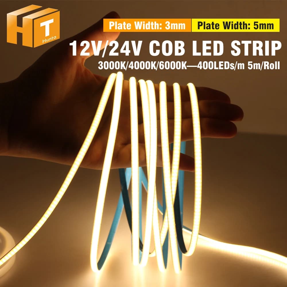 DC12V 24V COB LED Strip 3000K 4000K 6000K High Brightness 400LEDs/m High Flexible LED Light For Outdoor Indoor Living Room