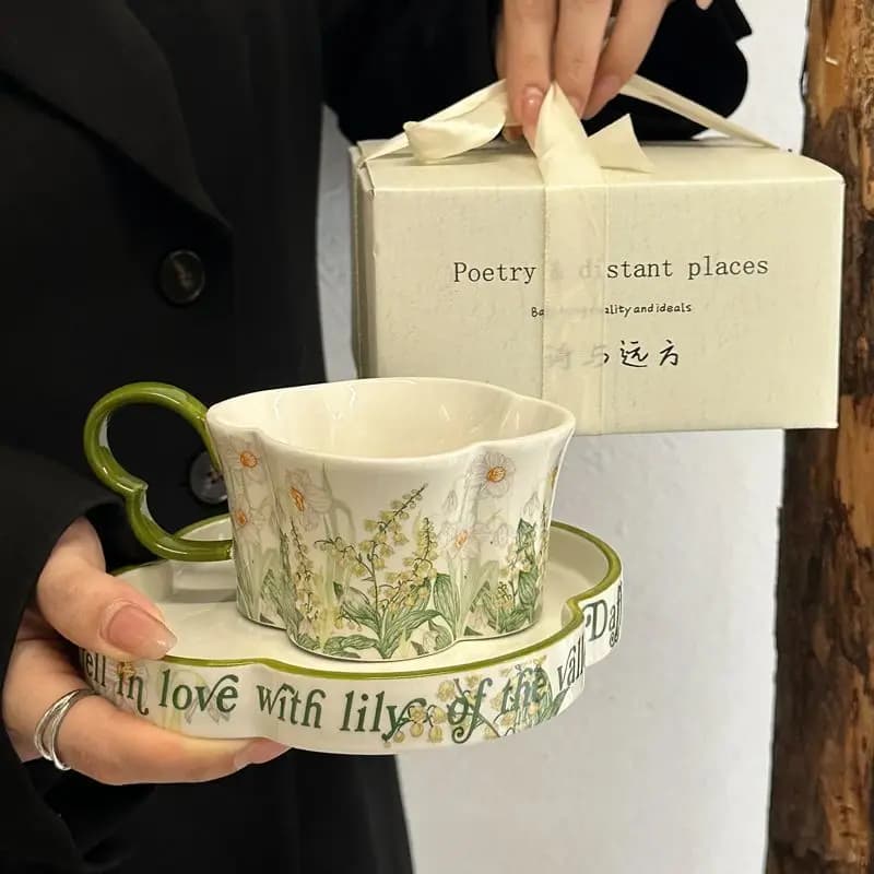 Oil painting wind chime flower set of ceramic coffee cups with accompanying gift box
