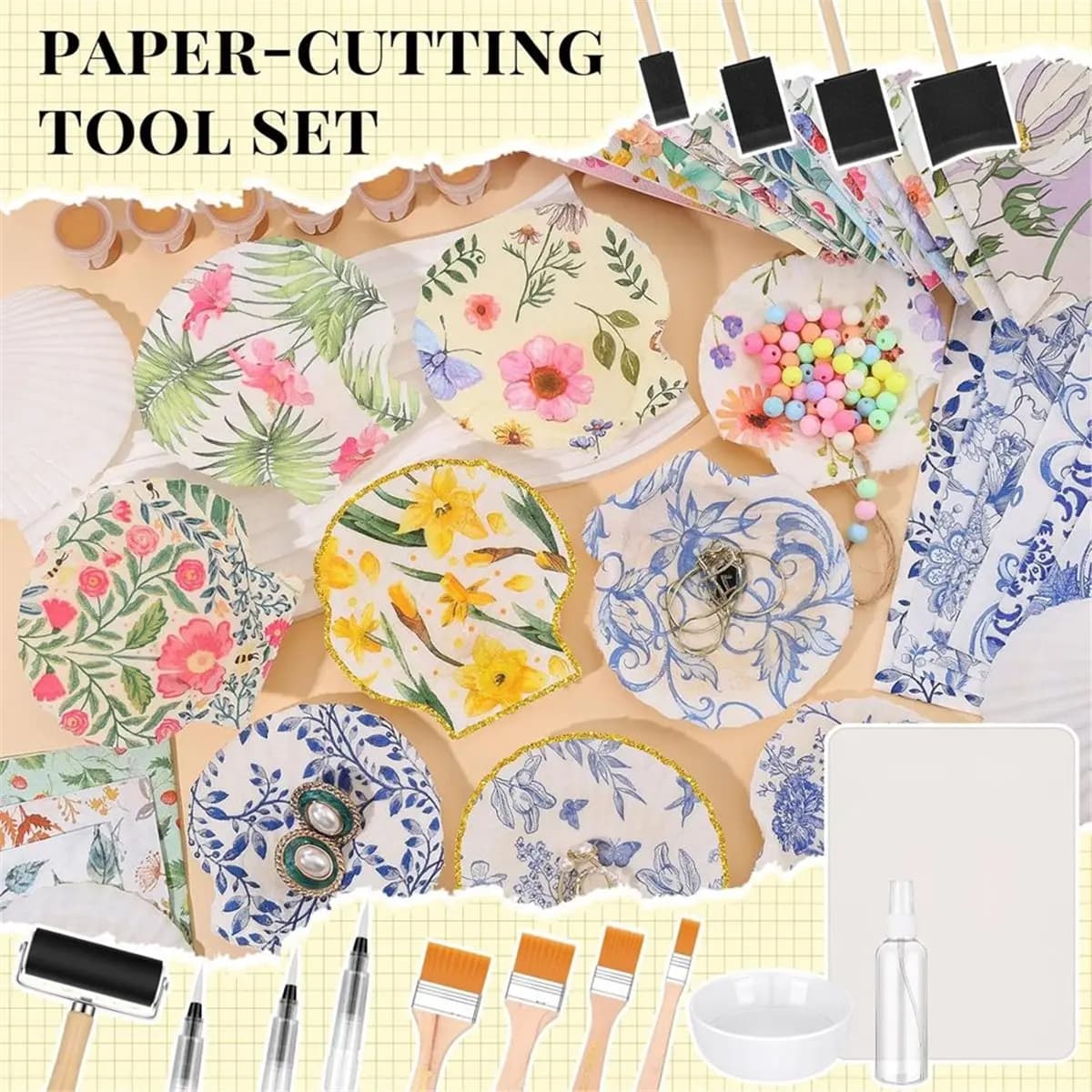 19-piece decoupage kit, decoupage brush, water pen with foam brushes, 4 inch rubber roller, silicone table mat, bottle