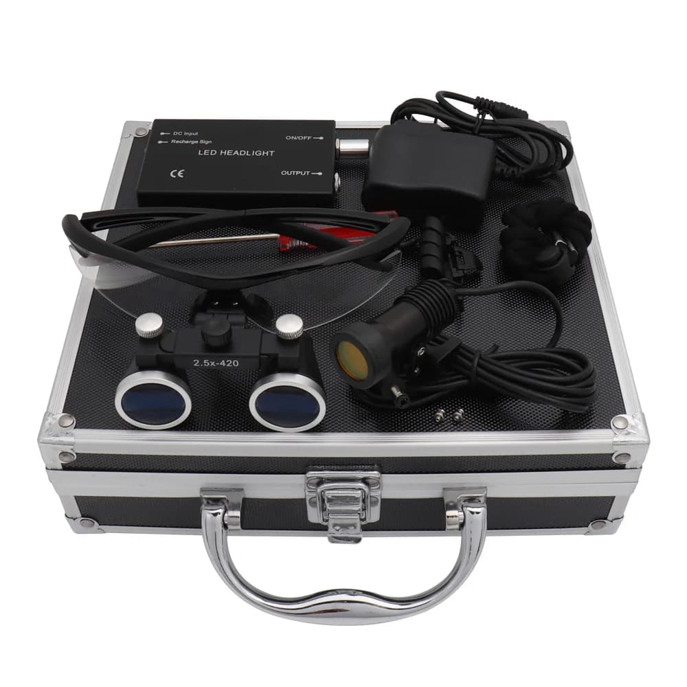Lente d'ingrandimento dentale lente d'ingrandimento dentale laboratorio odontotecnico ingrandimento binoculare 2.5/3.5x420 faro anteriore 5W Set scatola di metallo