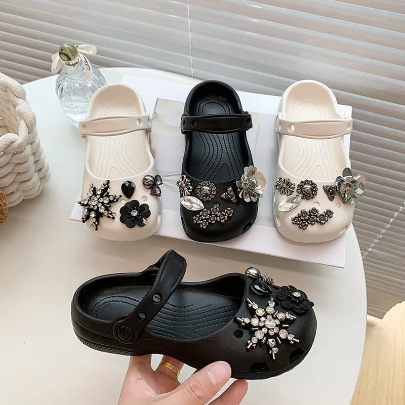 2026 New Slippers Leopard Print Mary Jane Clogs Kids Bling Rhinestone Flower Decor Slip-on Sandals Strap Non-slip Garden Shoes