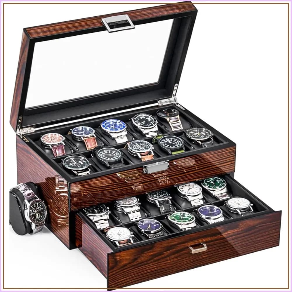 20-Slot Wooden Watch Box with Glass Lid | 2-Layer Watch Organizer for Men, Synthetic Leather Interior, Brown