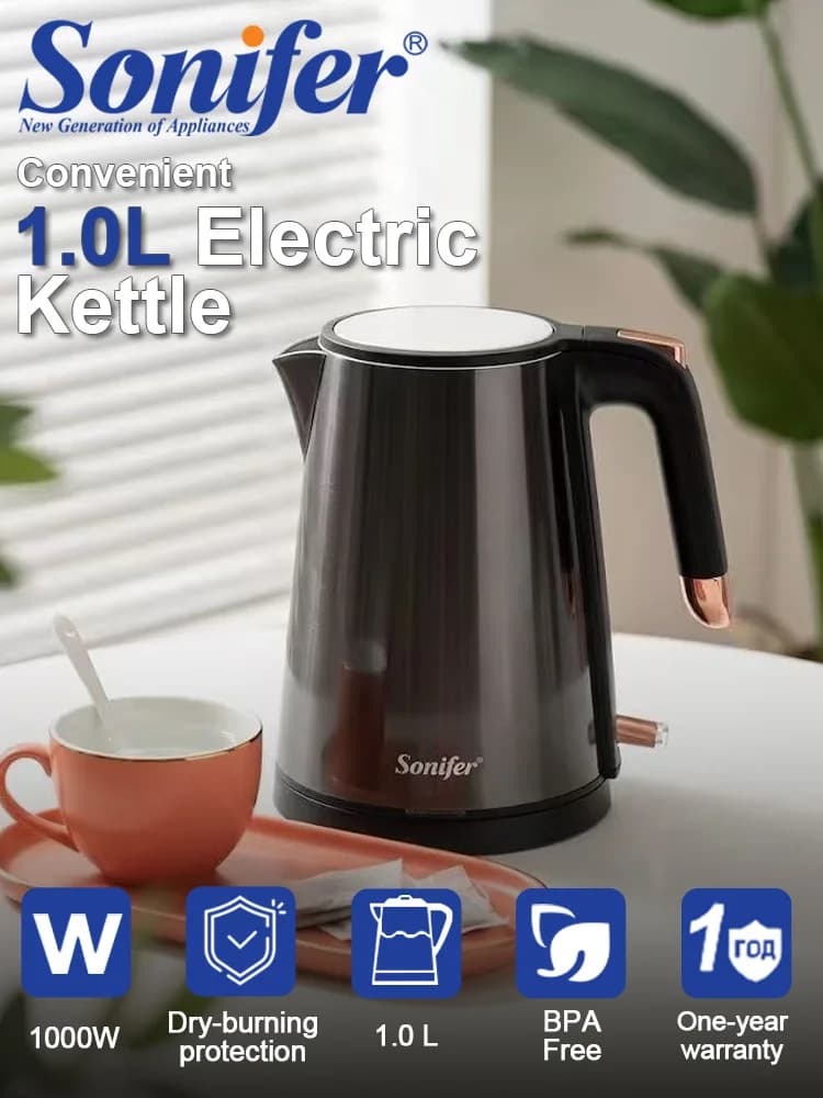Mini Electric Kettle Sonifer SF-2111 1L 1000W 304 Stainless Steel Water Boiler Auto Shut Off Dry Boil Protection Home Office