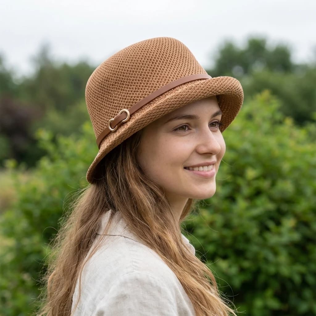 Cintura elegante in stile francese in pelle, decorata con un cappello da donna a doppio strato con visiera frontale e posteriore e corda antivento.