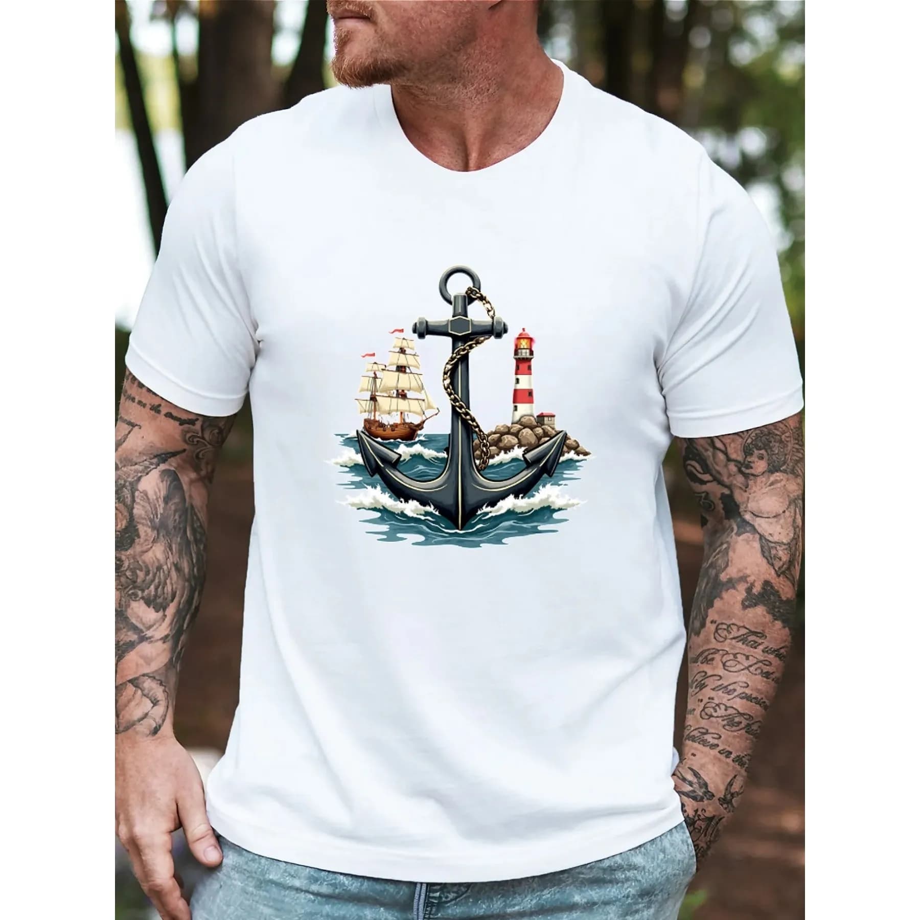 Nautical Maritime Graphic Tee for Men Soft Breathable Cotton Crew Neck T-Shirt Anchor Ship Lighthouse Print for Beach Boating