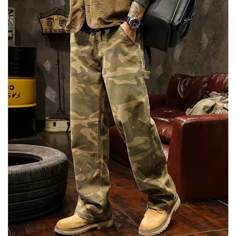 Jeans mimetici stile safari uomo autunno chic High Street pantaloni dritti larghi gamba larga tasche Harajuku casual pantaloni dipinti