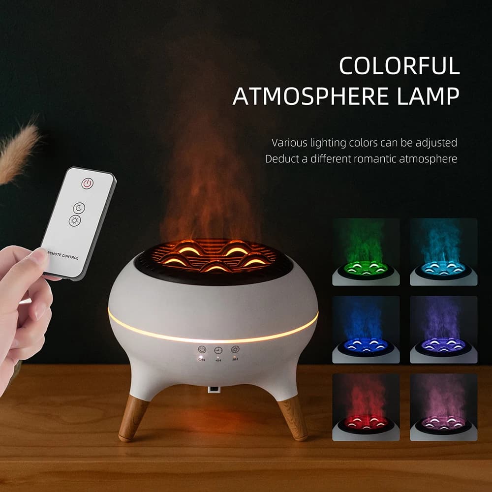 Flame aroma diffuser, colored atmosphere illuminated with remote control, addition of essential oils for aromatherapy, essence