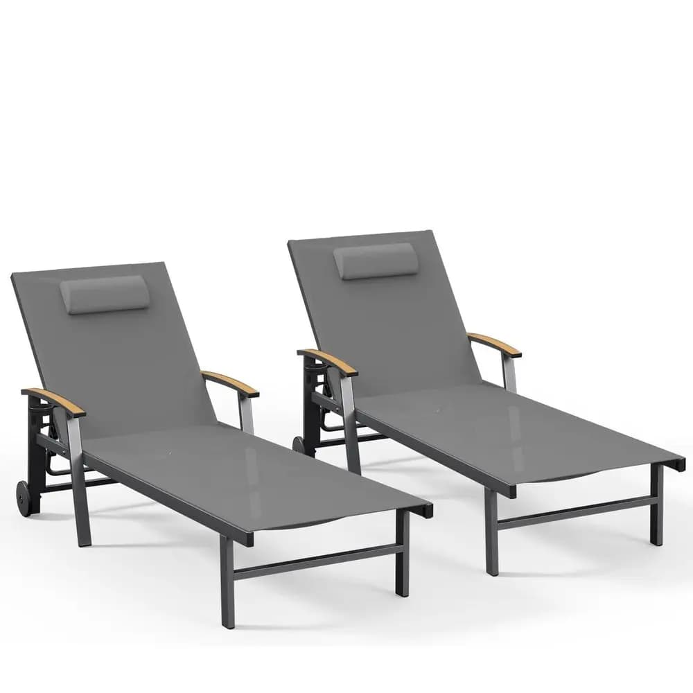 Set di 2 sedie lounge da esterno con cuscini, chaise longue in alluminio a 5 posizioni con ruote e braccioli, per patio, resistente fino a 180 kg