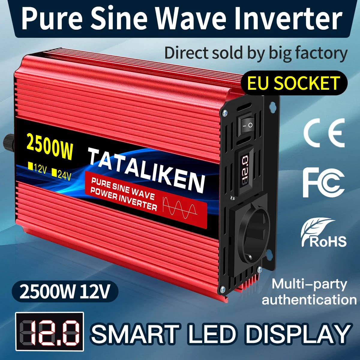 Inverter Sinusoidal Wave Pura 2500W/3500W/4500W/5000WDC 12V/24V to AC 220V 230V Voltage Transfer Converter EU Charging Adapter