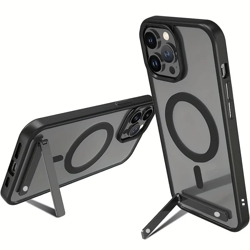 UYUXIO Custodia magnetica per cellulare con supporto per iPhone 17 Pro Max 16e 15 14 Plus 13 11 12 Mini Custodie nere trasparenti con cavalletto