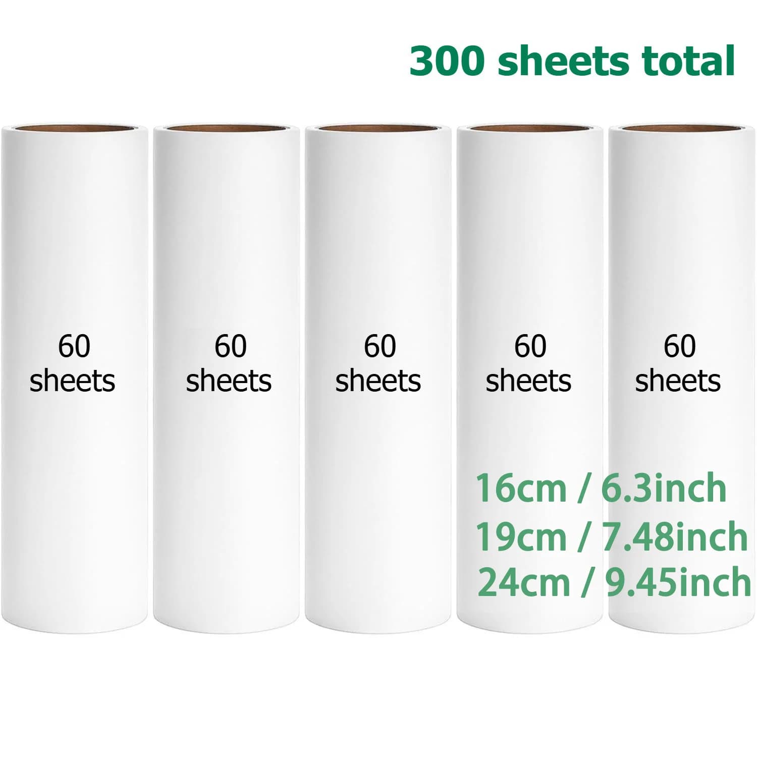 6.3/7.48/9.45 inch Lint Roller Refills, Extra Sticky, Pet Hair, 60 Sheets per Roll, Pack of 5, Total 300 Sheets