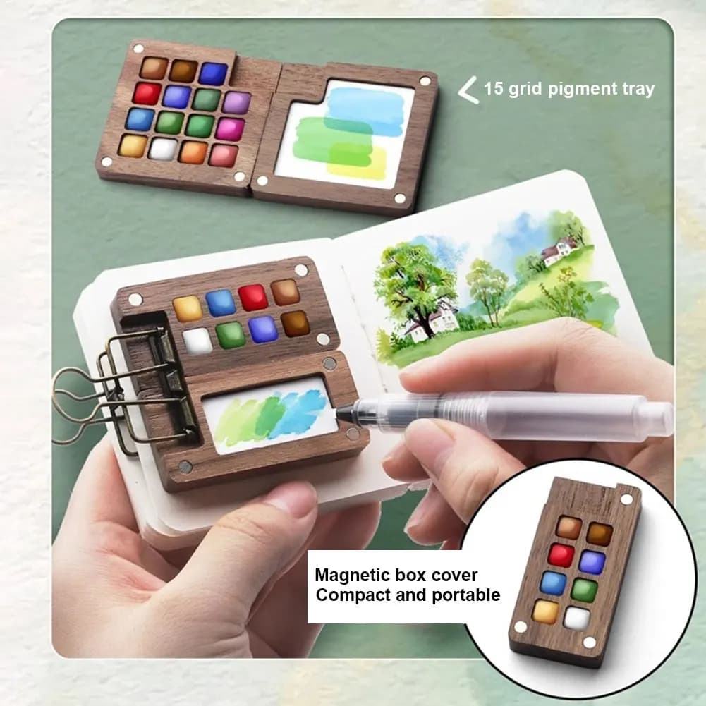 Portable Mini Watercolor Palette Set with Travel Sketchbook, Mixed Color Palette Painting Box Wooden Grid Paint Box Gift for Kid