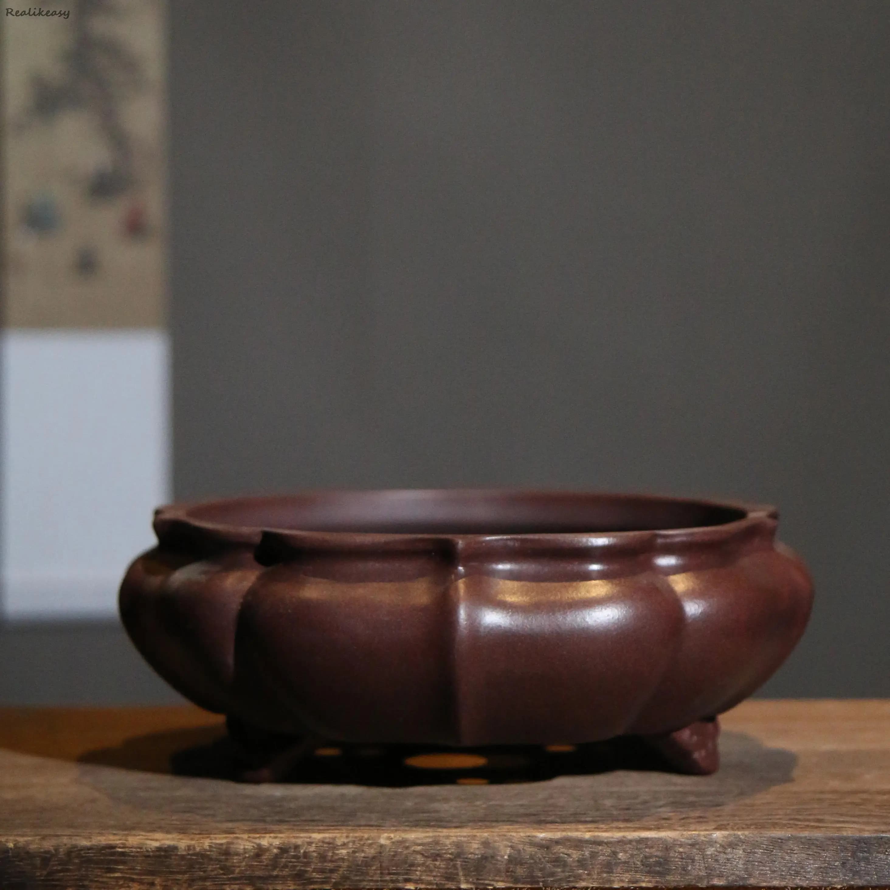 Big Size Purple Sand Flower Pot Round Chinese Traditional Multifunctional Desktop Succulent Flowerpot Bonsai Pot With Hole LC311