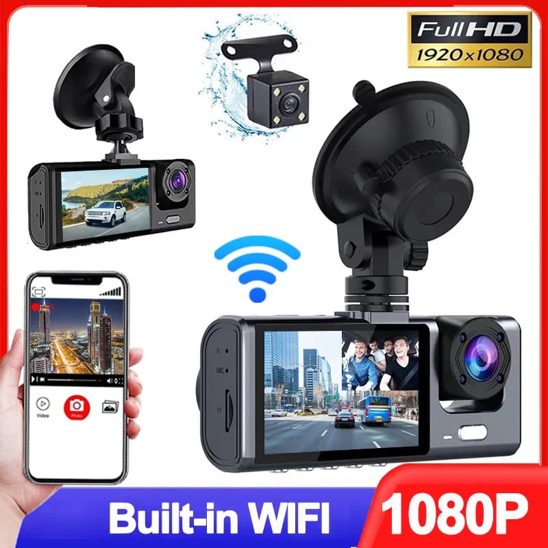 Dash Car Cam WIFI APP Car DVR 3 channel front video recorder camera for rear wheel for vehicles Black Box Car Assecories