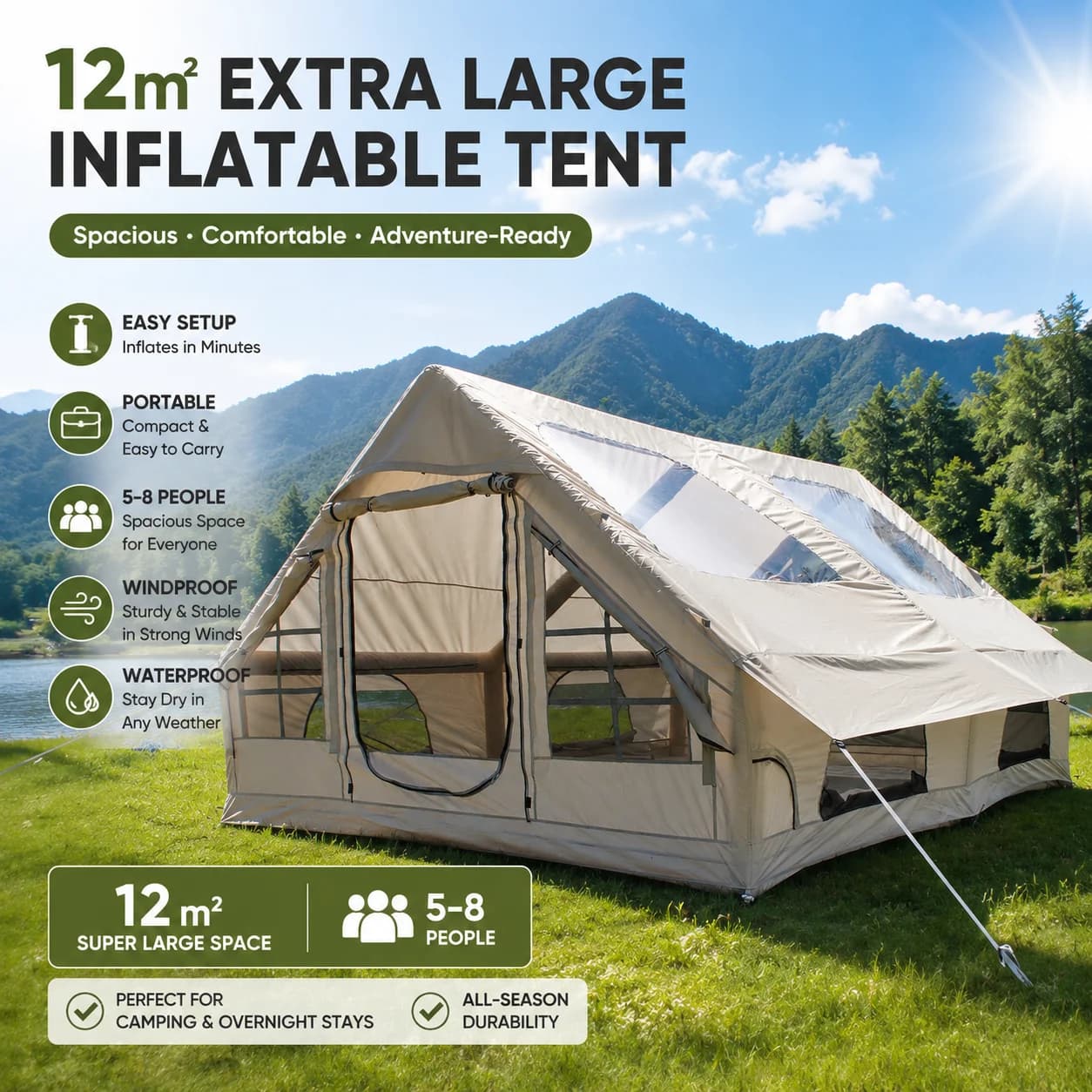 Inflatable Camping Tent with Hand Pump Waterproof Outdoor Blow up Tent 12 Person Glamping Air Tent Cabin House with Skylight