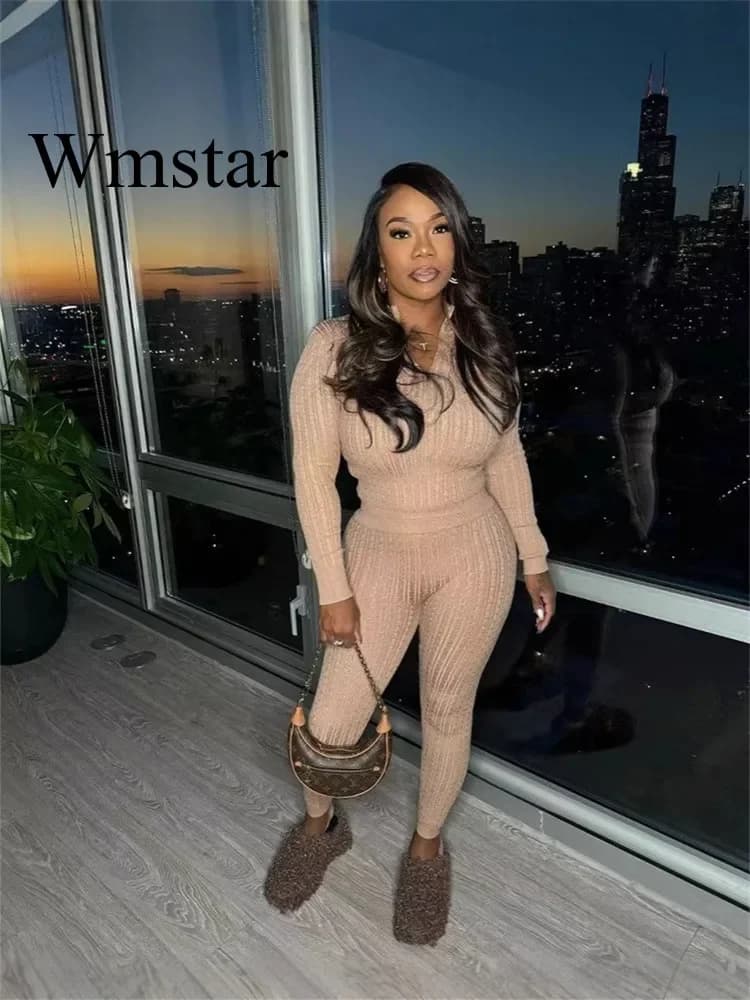 Wmstar 2 Piece Sets Women 2024 Autumn/Winter Solid Color Long Sleeve Casual Knitted Slimming Casual Set Wholesale Dropshipping