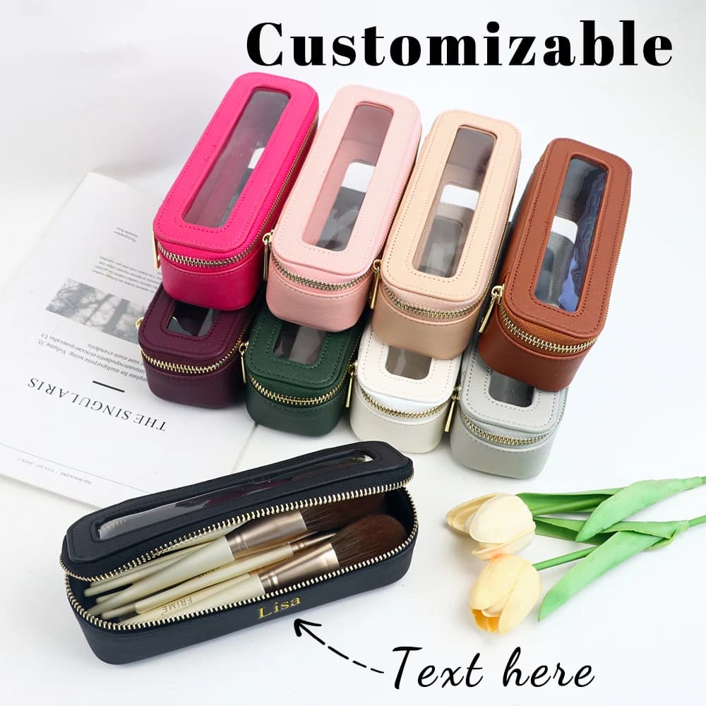Scatola per pennelli per trucco trasparente da donna in pelle PU con nome personalizzato, accessori per articoli da toeletta da donna per borsa per trucco in PVC