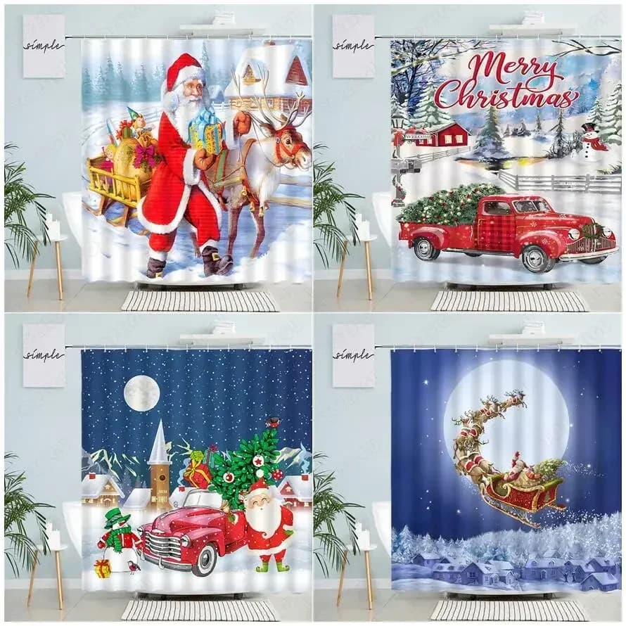 Tende da doccia natalizie divertenti babbo natale Elk Red Truck Moon Winter Landscape capodanno tessuto bagno Decor Set di tende da bagno