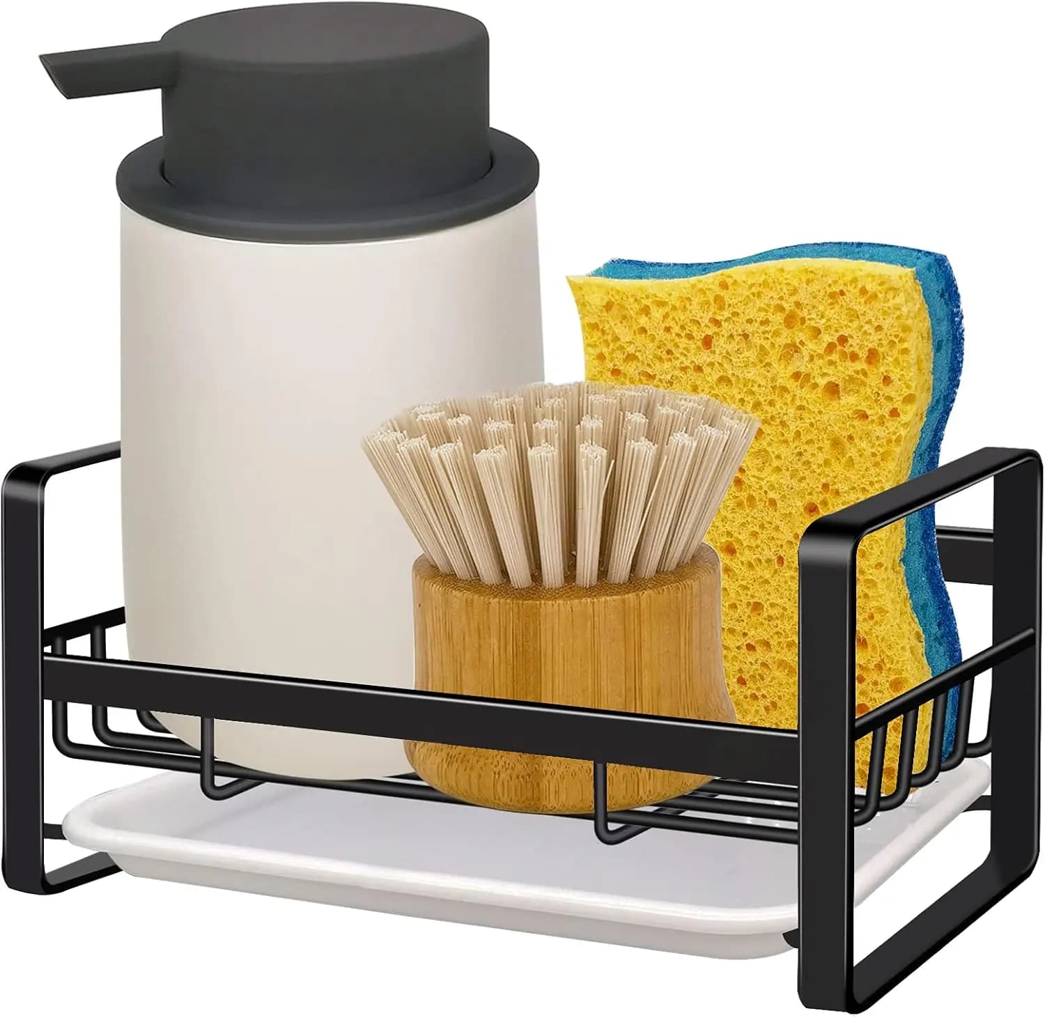 Kitchen Sink Caddy Sponge Holder Organizer, Sink Tray Drainer Rack, Soap Dish Dispenser Brush Holder Storage Accessories - Count